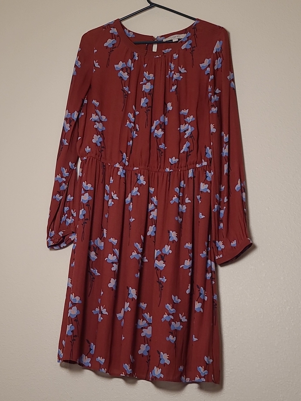 Loft Floral Long Sleeve Midi Dress Rust Blue Size Lp Large Petite,